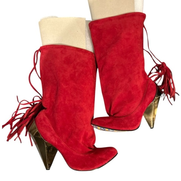 IRREGULAR CHOICE Diamontina Boots Red Suede Slouch Diamond Heel Tassels EU40 US9 - Picture 1 of 7